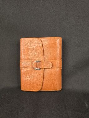 Longchamp Cognac Pebbled Leather Compact Snap Wallet ID Window